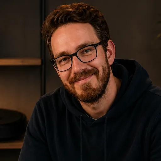 Axel Jönemyr, grundare och redaktör på Robotjakt, hemma vid en av sina robotdammsugare